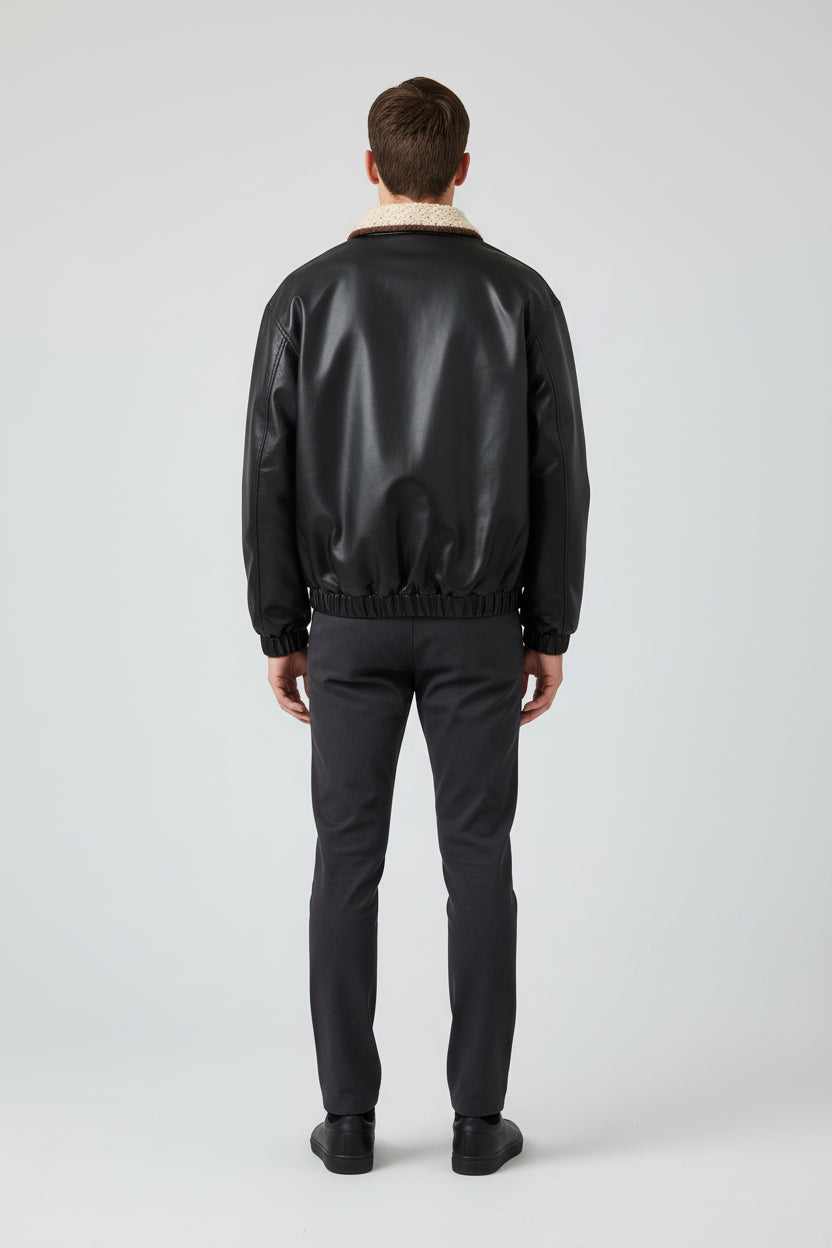 Men's Colour Block Lapel Collar PU Leather Jacket