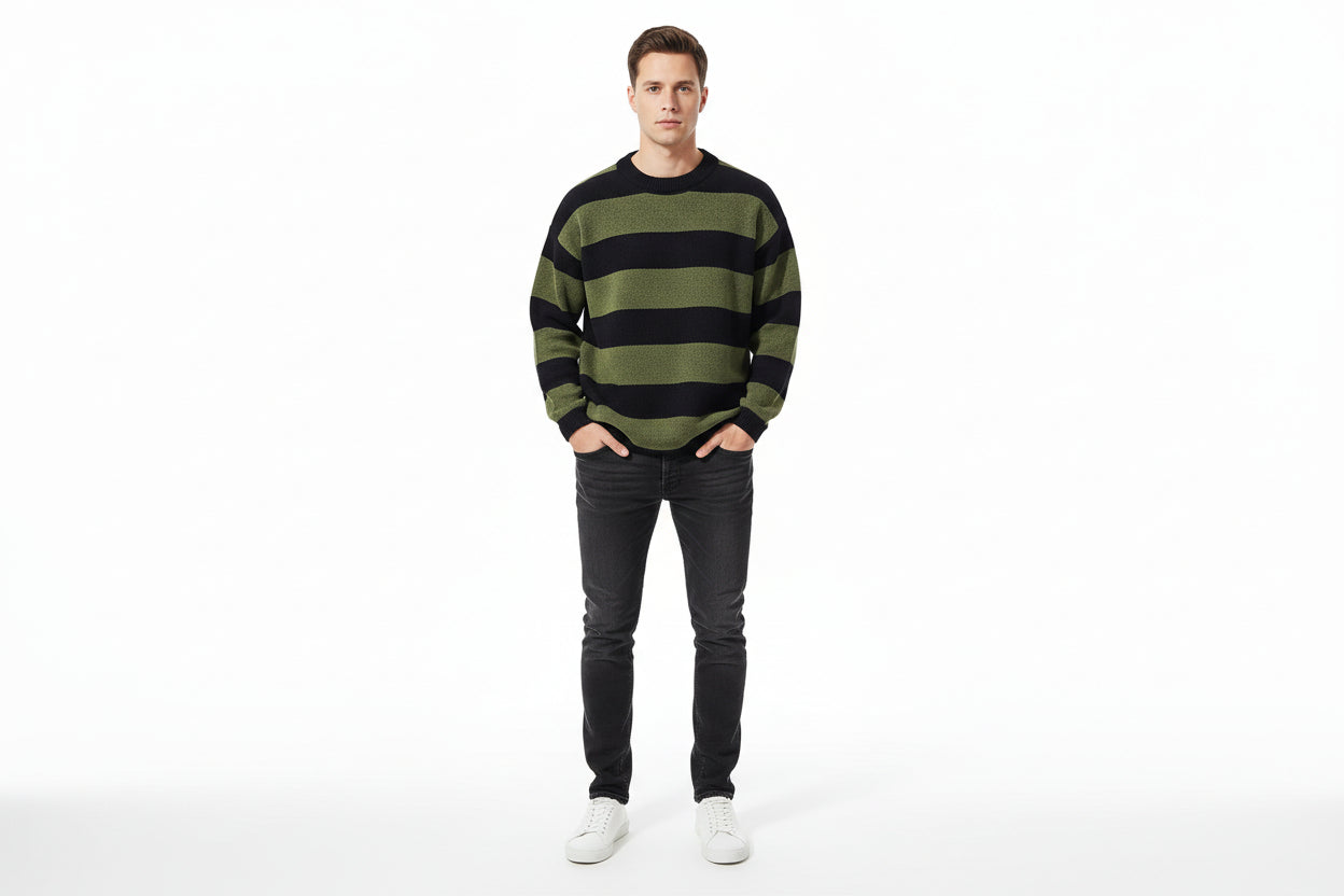 Men’s Contrast Stripe Round Neck Pullover Sweater Loose Fit Autumn Winter Knit