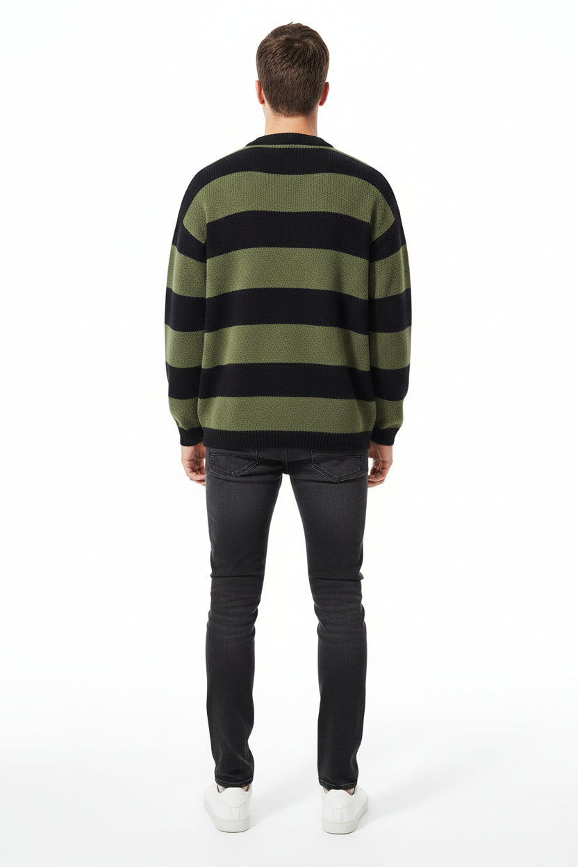 Men’s Contrast Stripe Round Neck Pullover Sweater Loose Fit Autumn Winter Knit