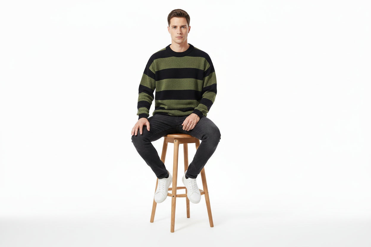 Men’s Contrast Stripe Round Neck Pullover Sweater Loose Fit Autumn Winter Knit