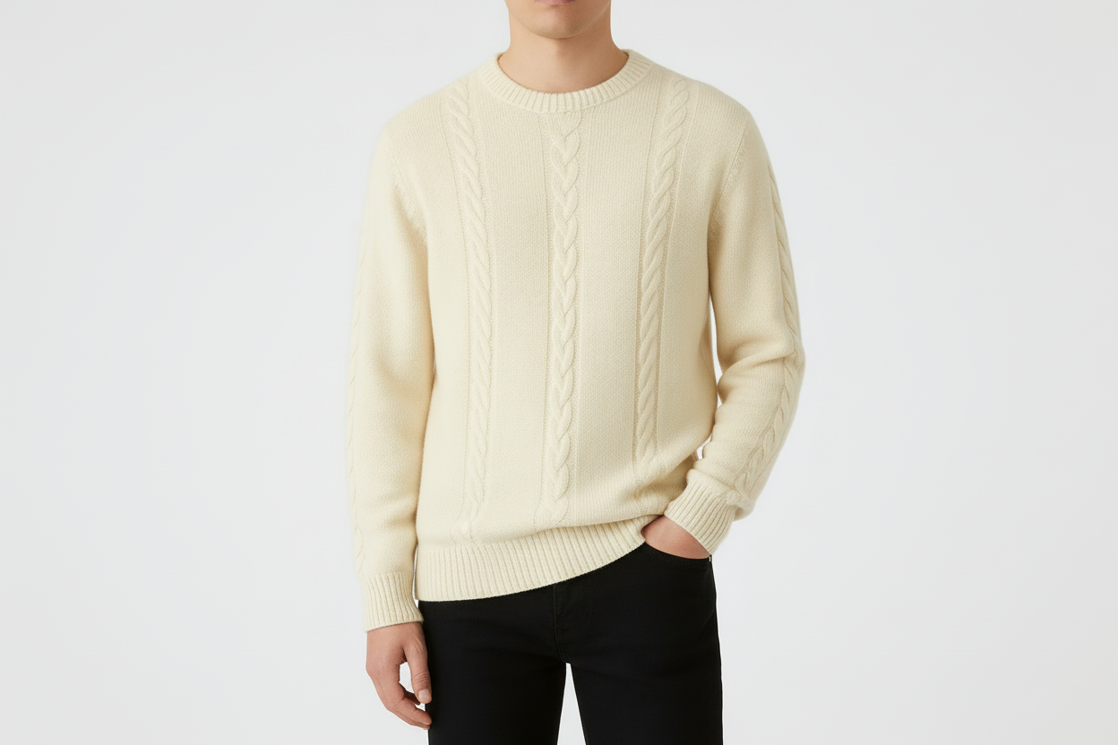 Men’s Crew Neck Wool Cable-Knit Sweater with Textured Pattern