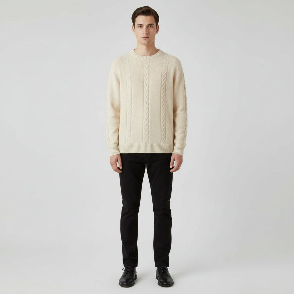 Men’s Crew Neck Wool Cable-Knit Sweater with Textured Pattern
