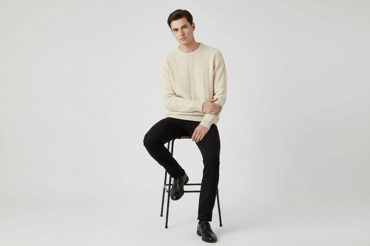 Men’s Crew Neck Wool Cable-Knit Sweater with Textured Pattern