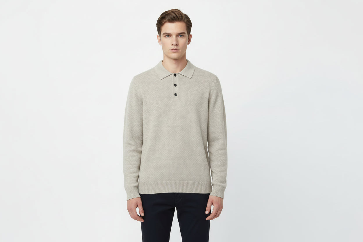 Men’s Long Sleeve Button Polo Collar V Neck Knit Sweater