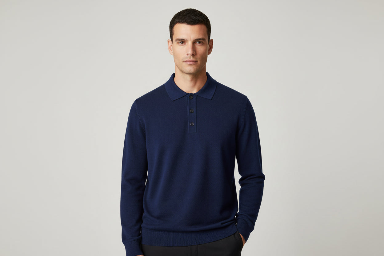 Men’s Long Sleeve Button Polo Collar V Neck Knit Sweater