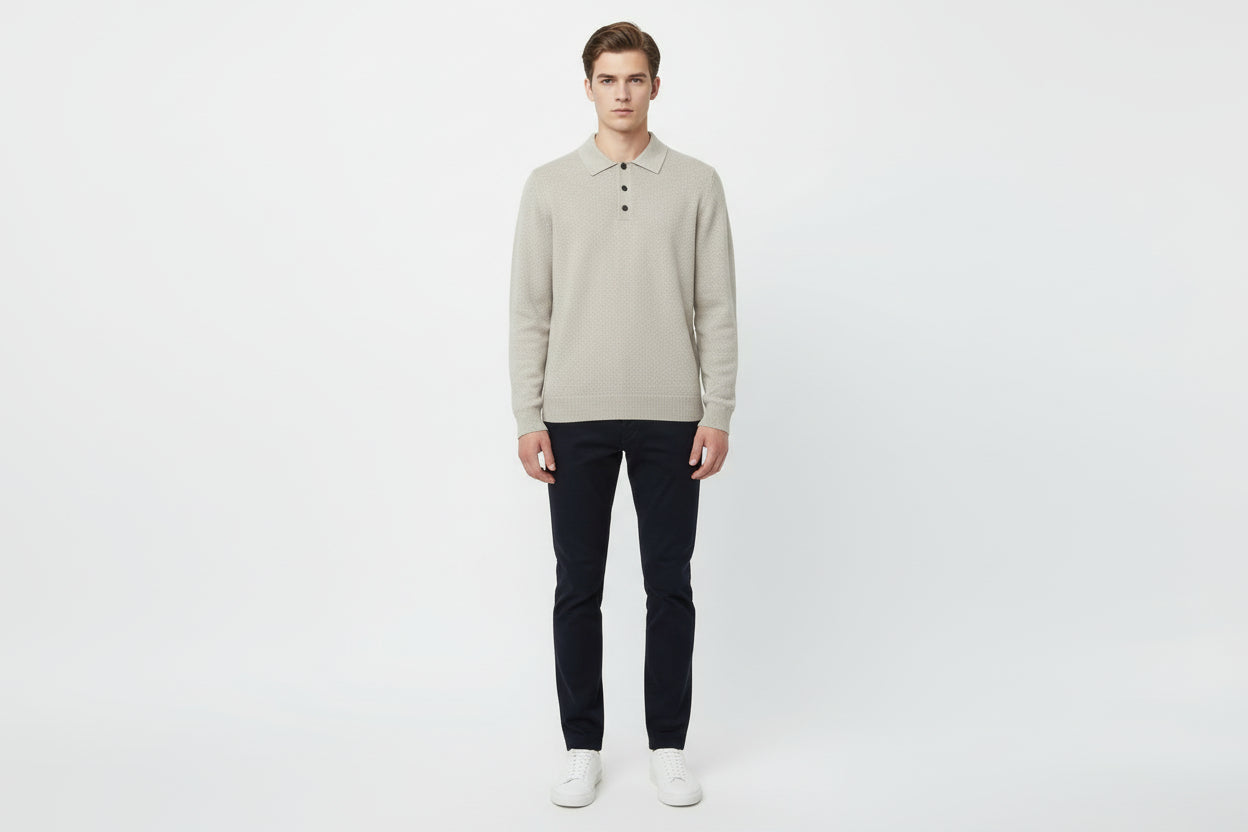 Men’s Long Sleeve Button Polo Collar V Neck Knit Sweater