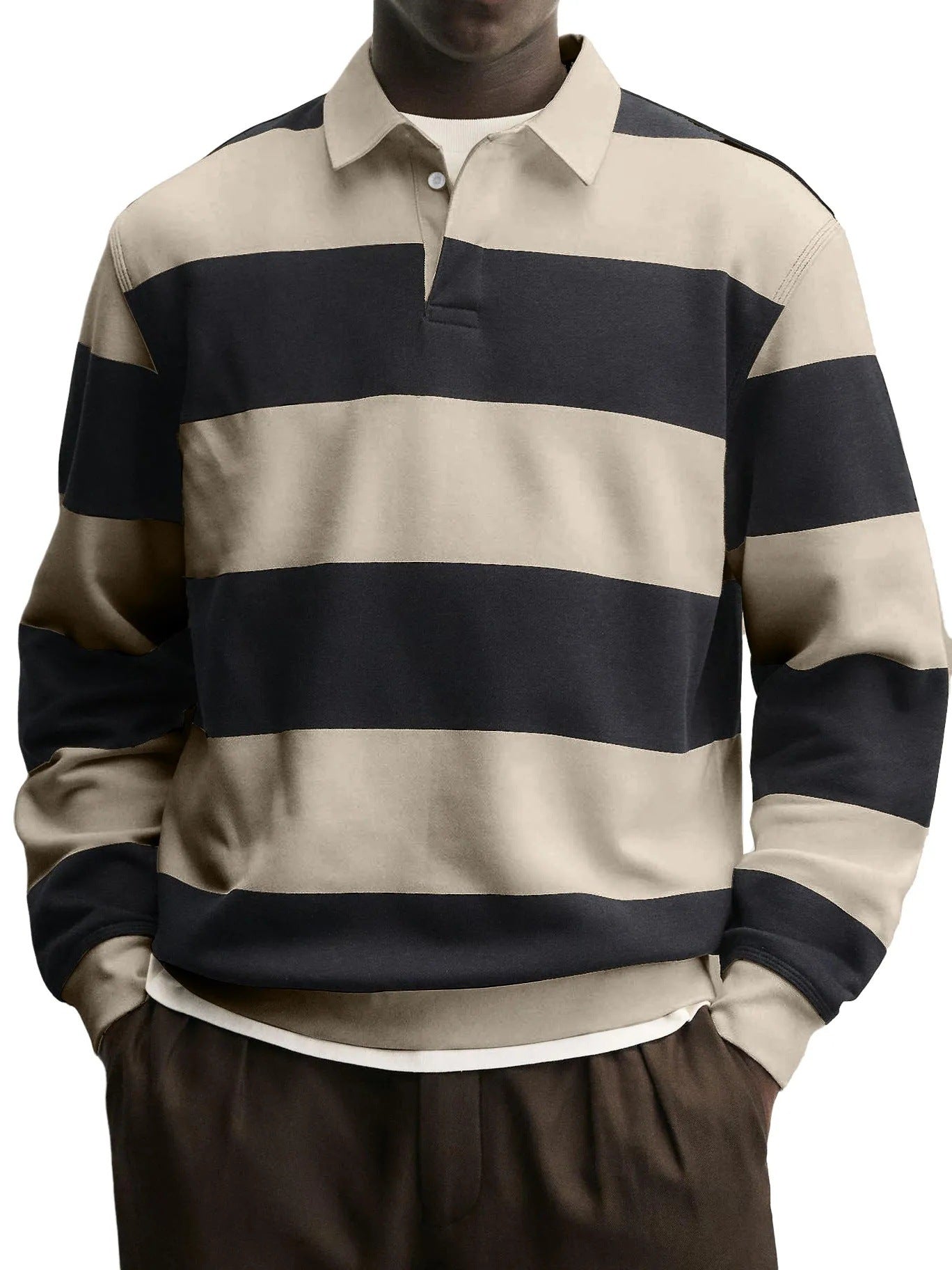 Men’s Loose Collar Long Sleeve Striped T-Shirt