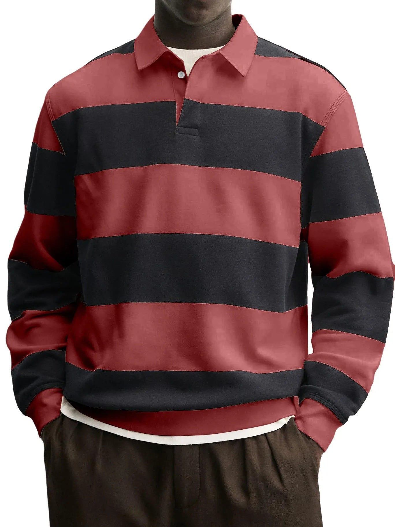 Men’s Loose Collar Long Sleeve Striped T-Shirt
