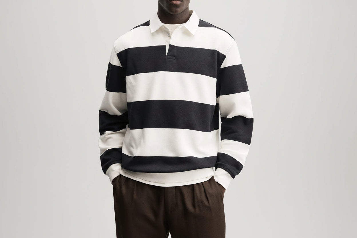 Men’s Loose Collar Long Sleeve Striped T-Shirt