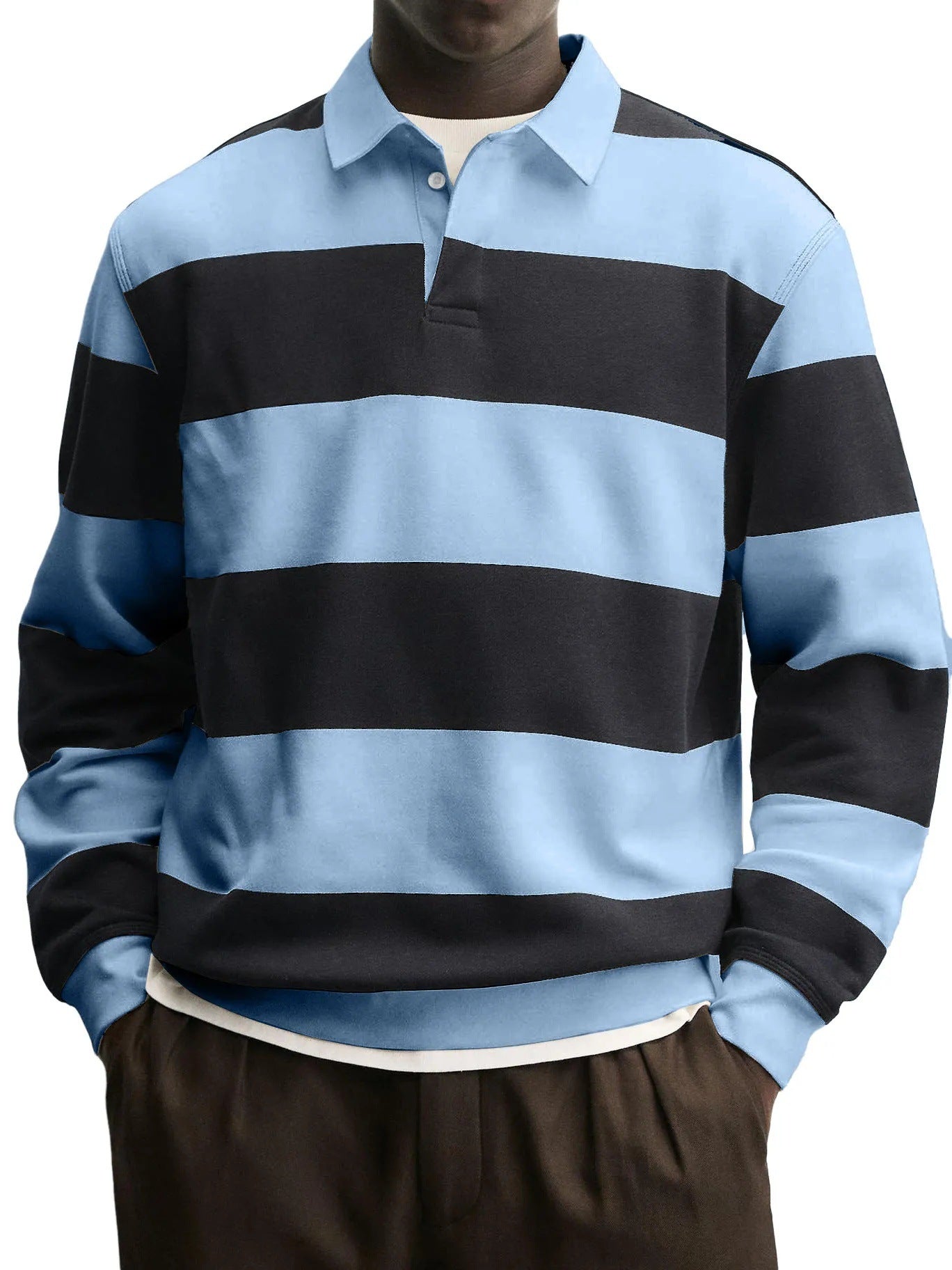 Men’s Loose Collar Long Sleeve Striped T-Shirt