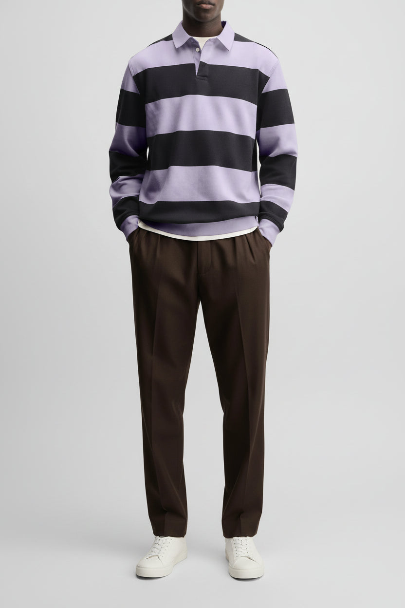 Men’s Loose Collar Long Sleeve Striped T-Shirt