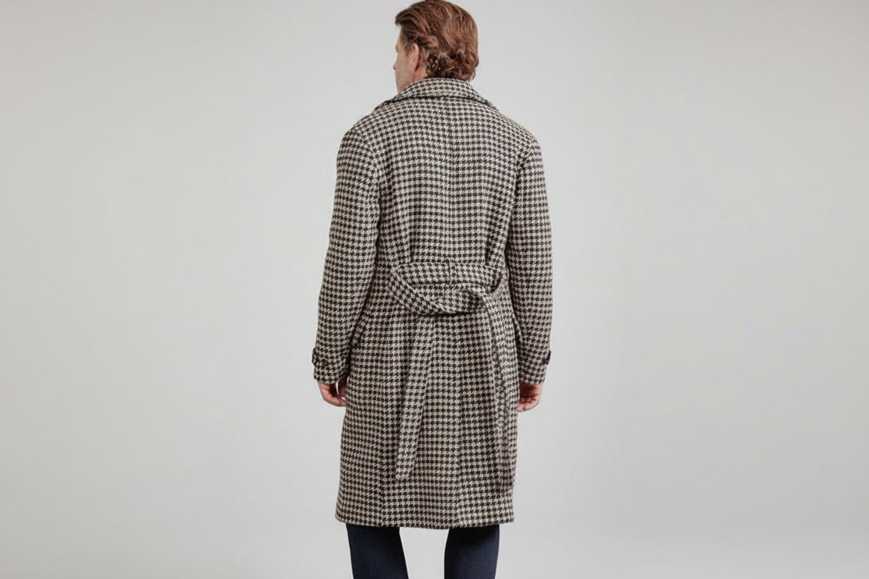 Men’s Mid-Length Houndstooth Wool-Style Quilted Coat