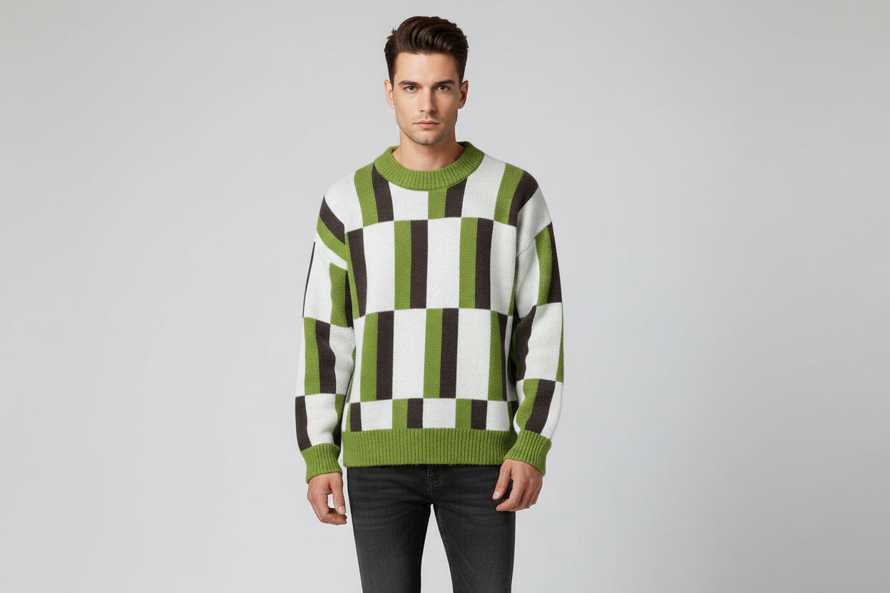 Men’s Round Neck Multicolour Knit Sweater Long Sleeve Casual Pullover