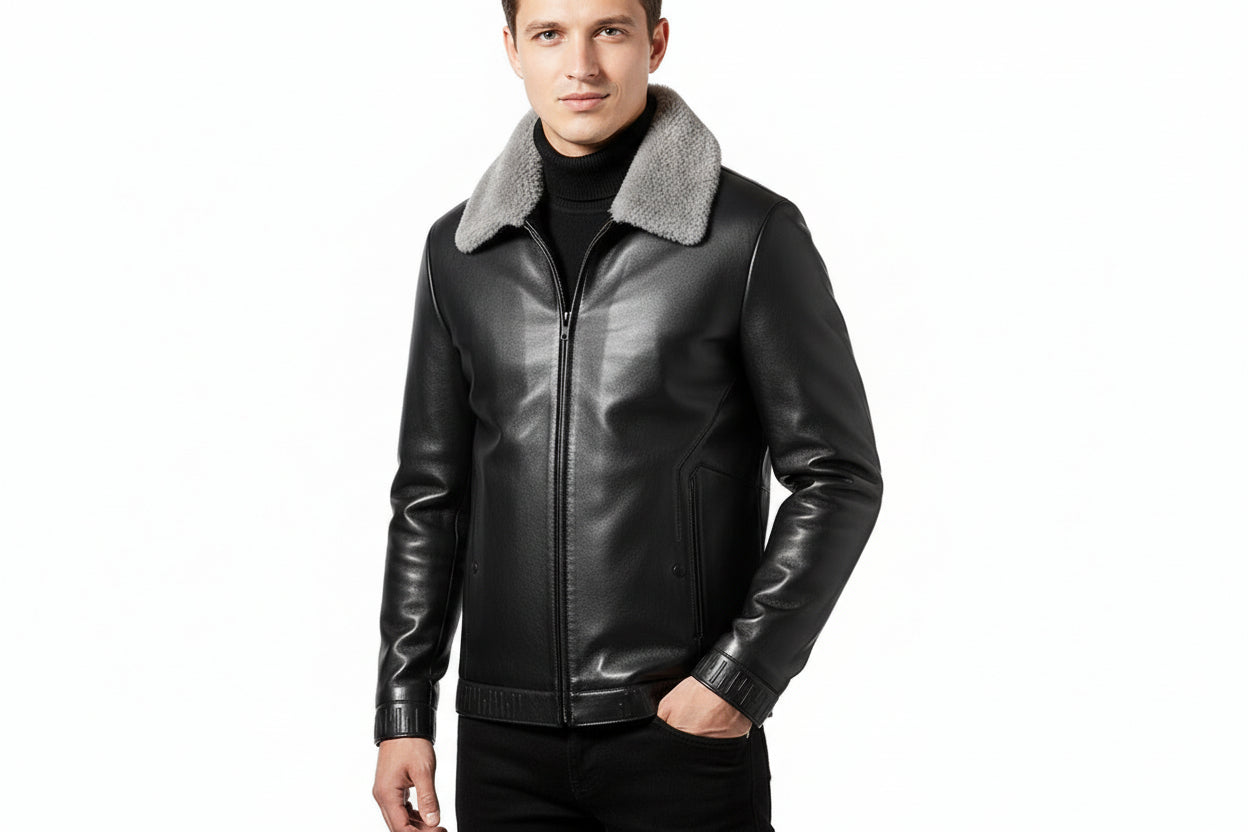 Men’s Solid Color Long-Sleeve Casual Leather Jacket