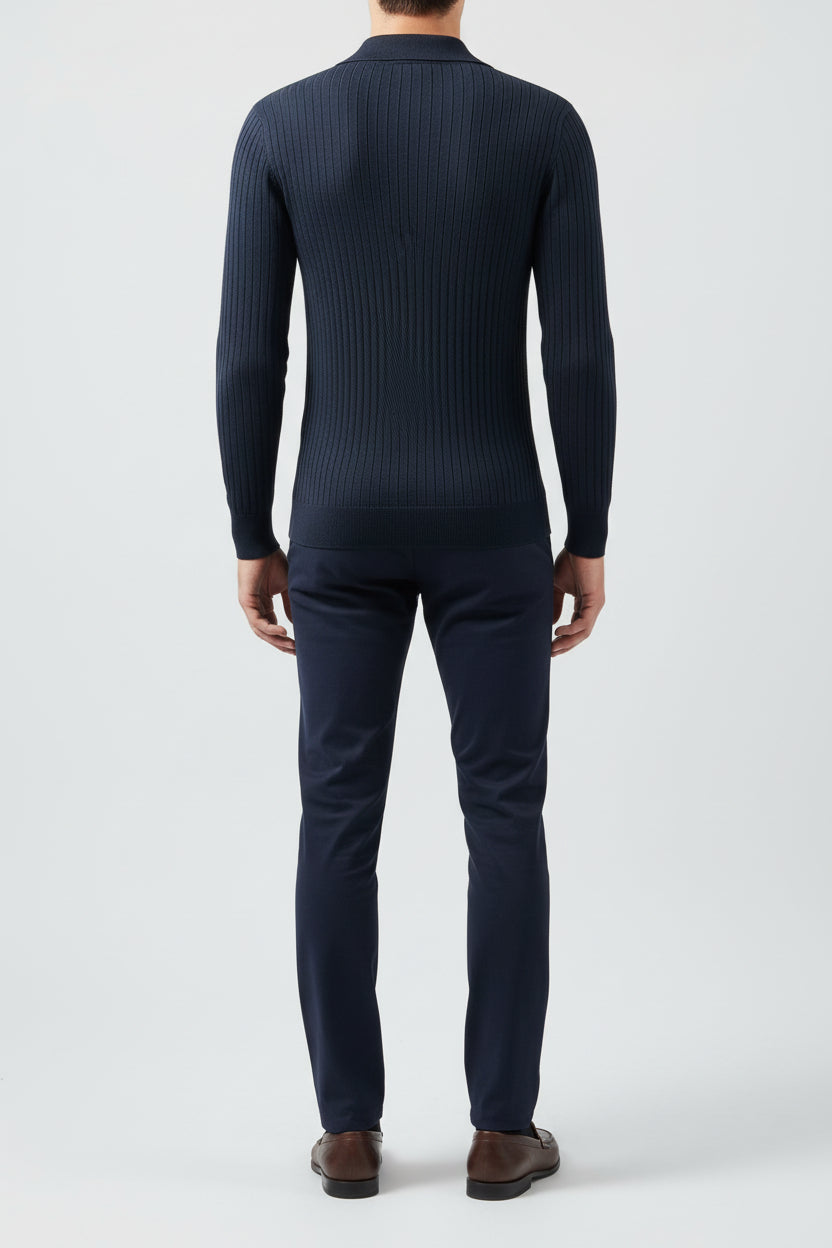 Men’s Textured Waffle Long-Sleeve Slim Knit Polo Shirt