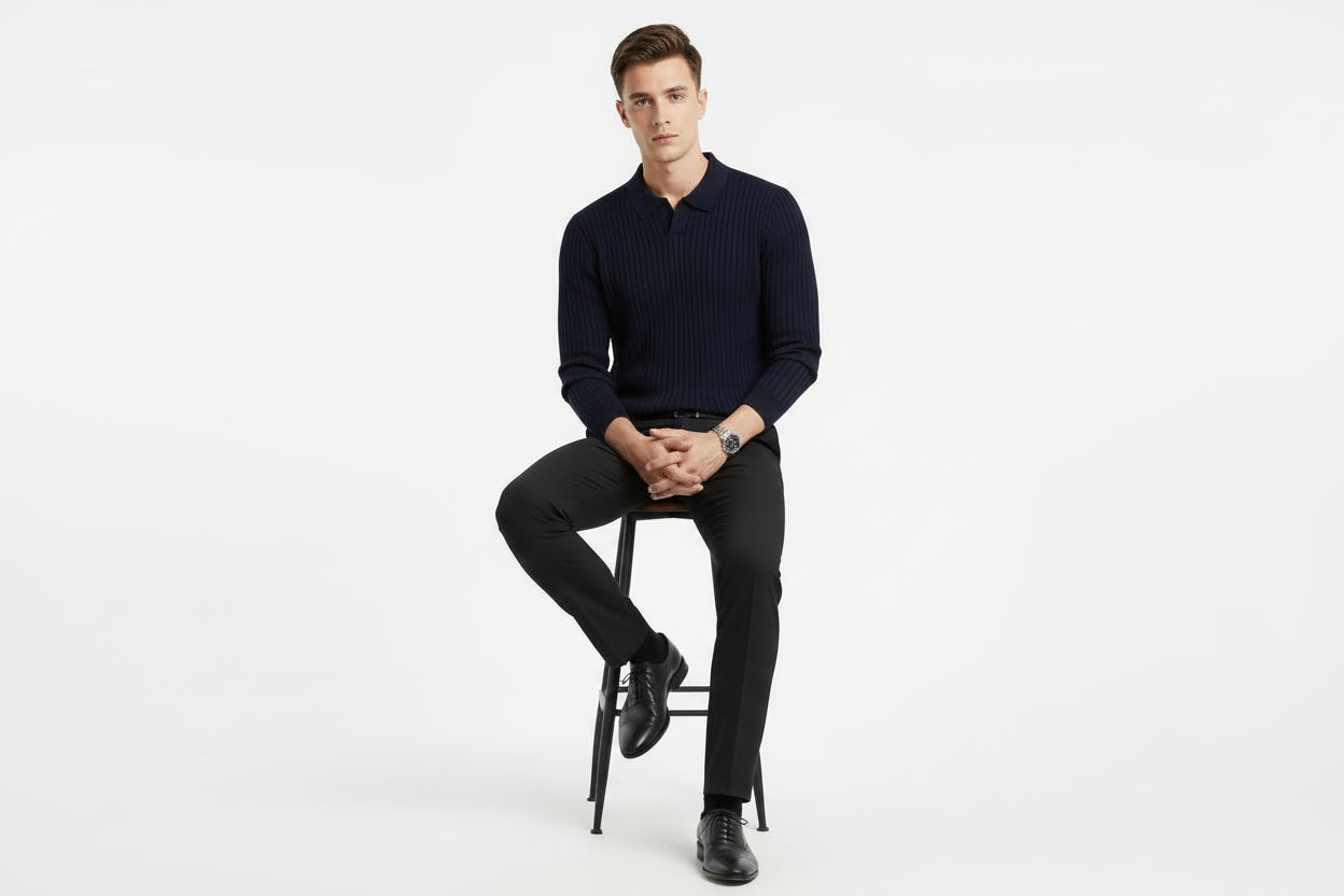 Men’s Textured Waffle Long-Sleeve Slim Knit Polo Shirt