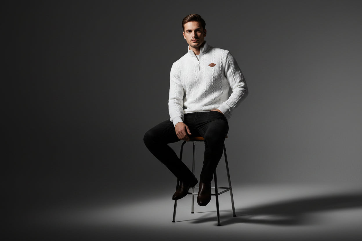 Men’s Textured Zipper Crew Neck Long Sleeve Shirt Casual Pullover