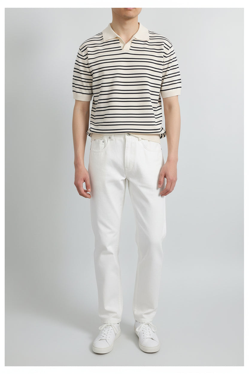 Men’s V-Neck Striped Polo Shirt Short Sleeve Loose Fit Lapel T-Shirt