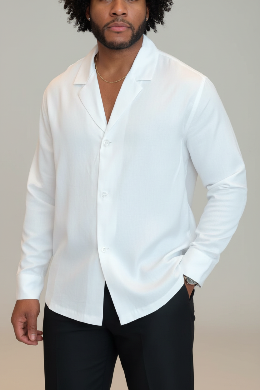 Cropped white linen shirt with curly hair male model