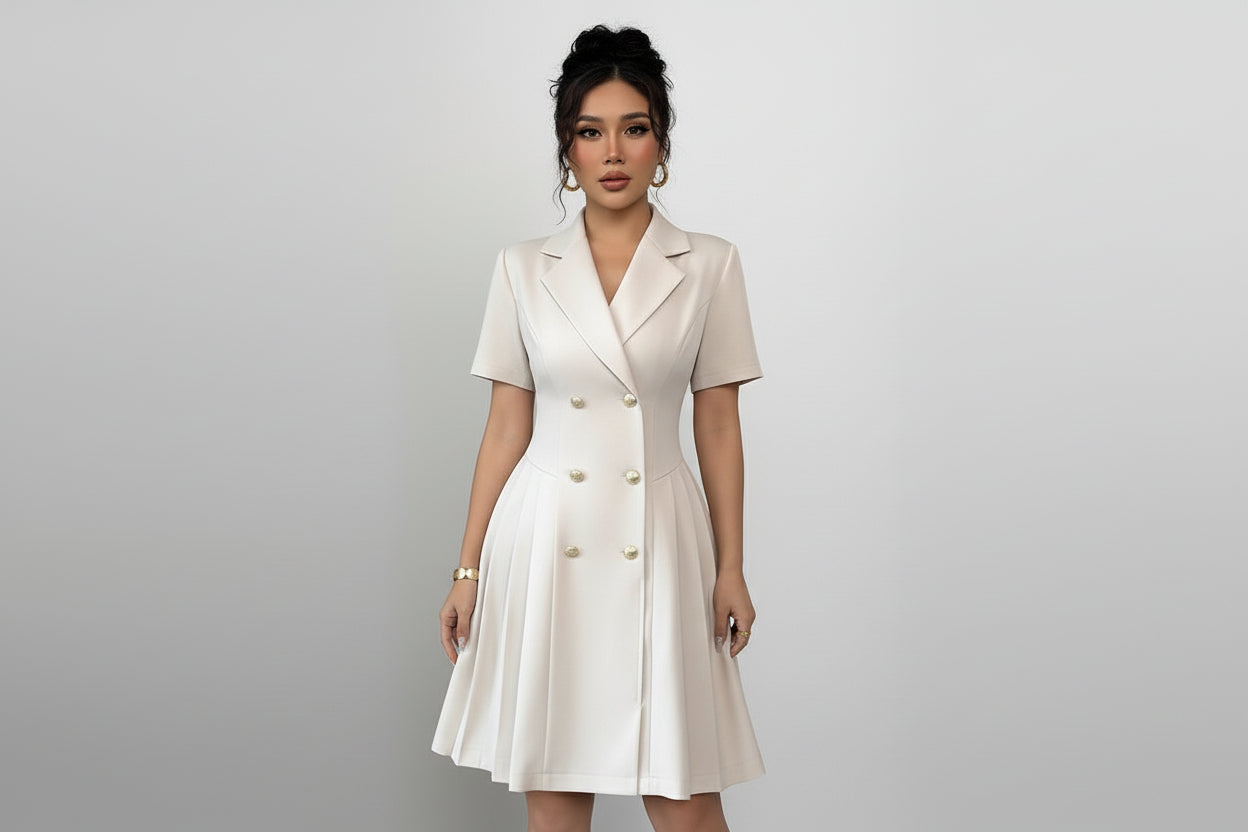Short-Sleeve Double-Breasted Midi Dress for Women