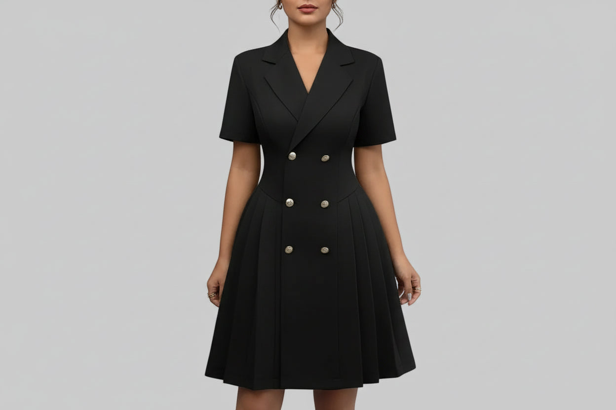 Short-Sleeve Double-Breasted Midi Dress for Women