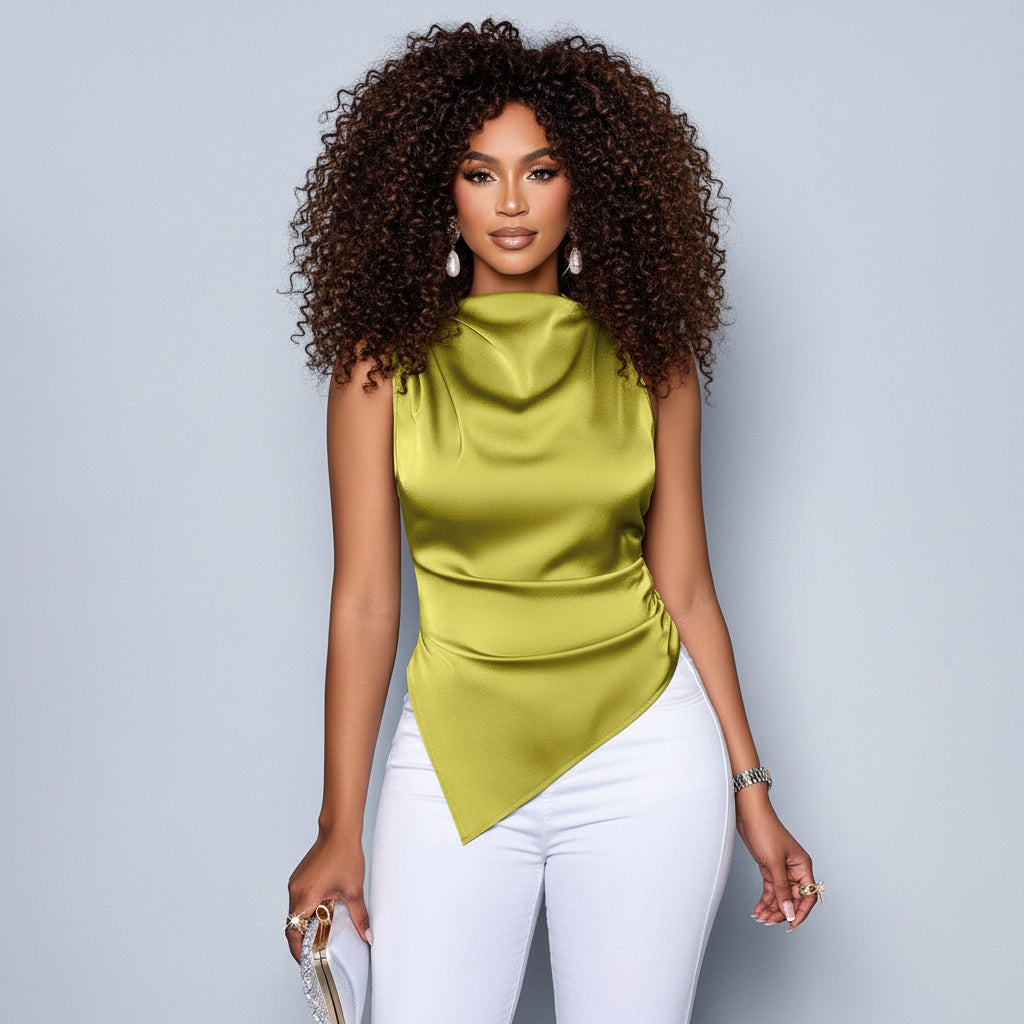 Women’s Asymmetric Satin Shirt Short Sleeve Solid Color Summer Blouse