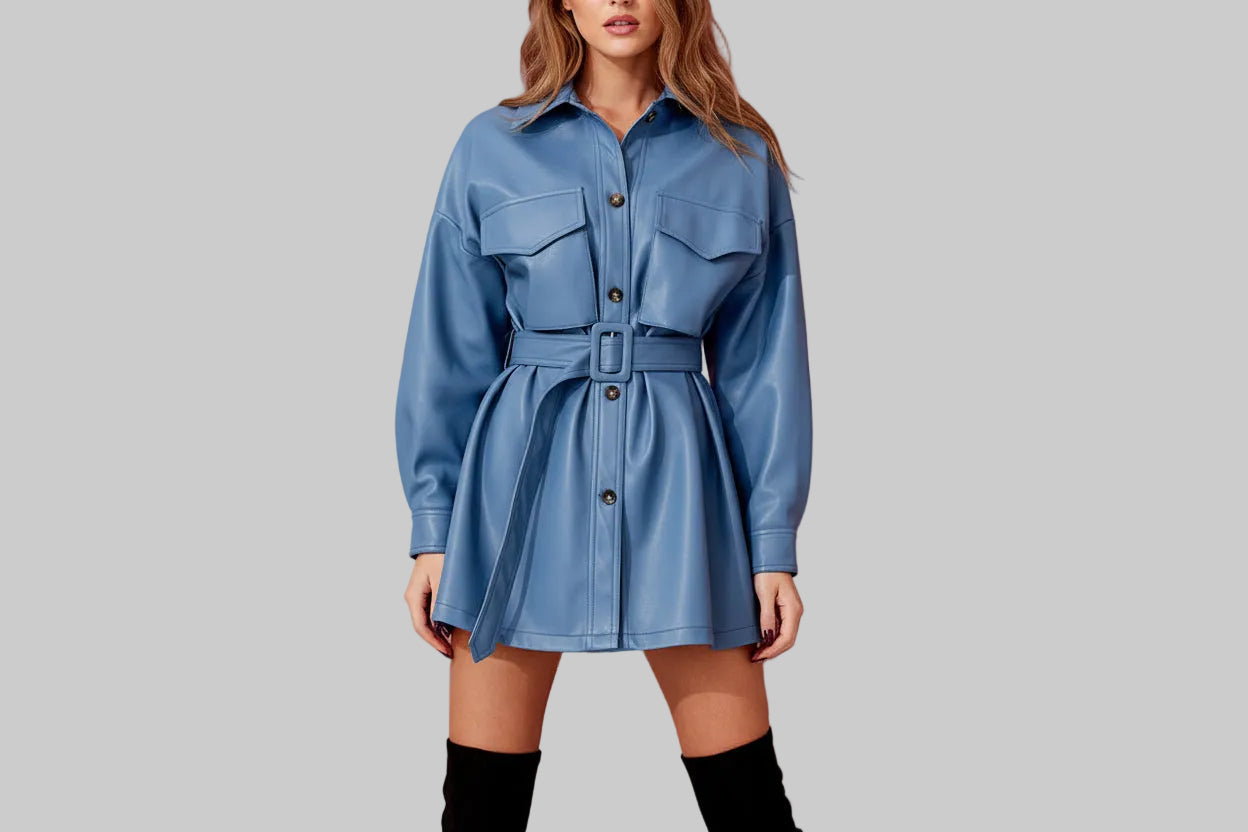 Women's PU Leather Belted Long Sleeve Jacket Dress