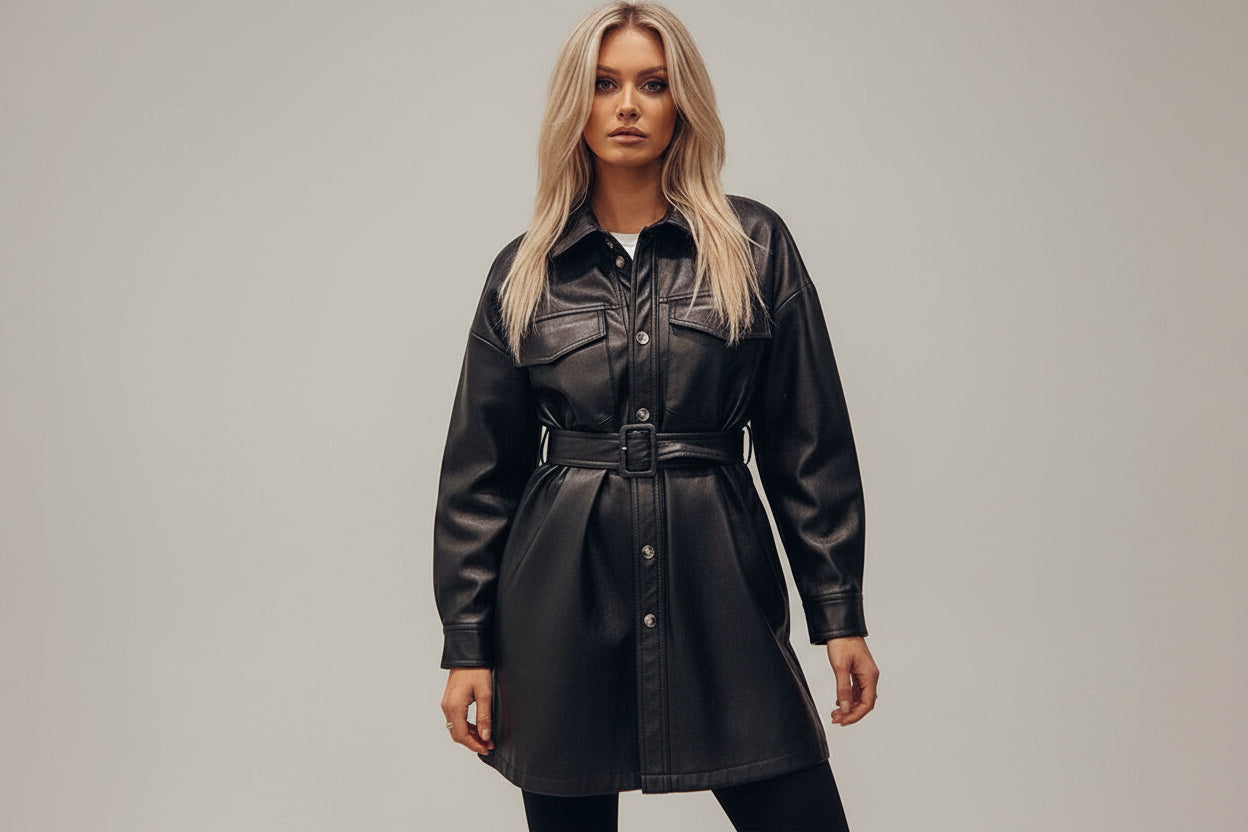 Women's PU Leather Belted Long Sleeve Jacket Dress