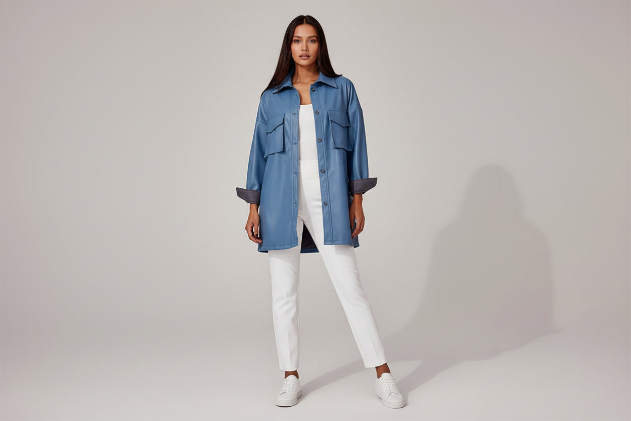 Women's PU Leather Belted Long Sleeve Jacket Dress