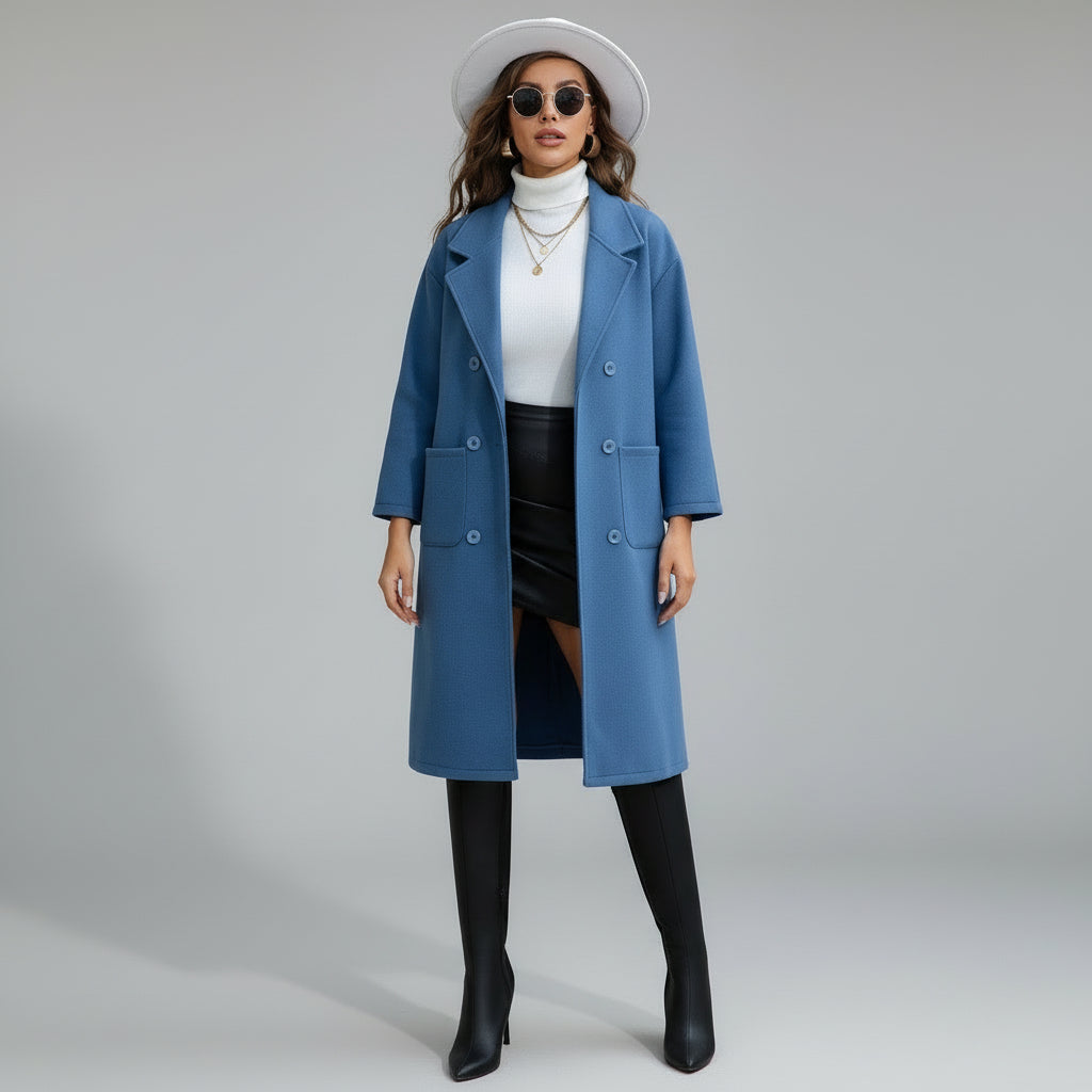 Women’s Blue Wool-Blend Mid-Length Coat with Waist Tie