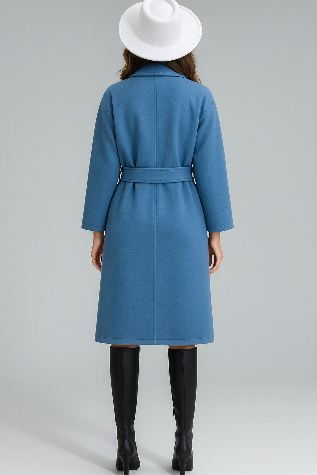 Women’s Blue Wool-Blend Mid-Length Coat with Waist Tie