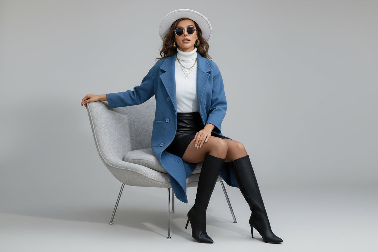 Women’s Blue Wool-Blend Mid-Length Coat with Waist Tie