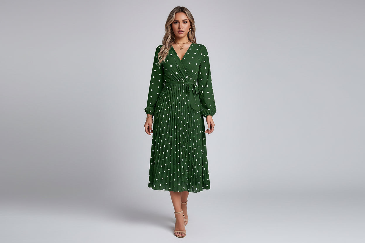 Women’s Color-Blocked V-Neck Polka Dot Maxi Dress