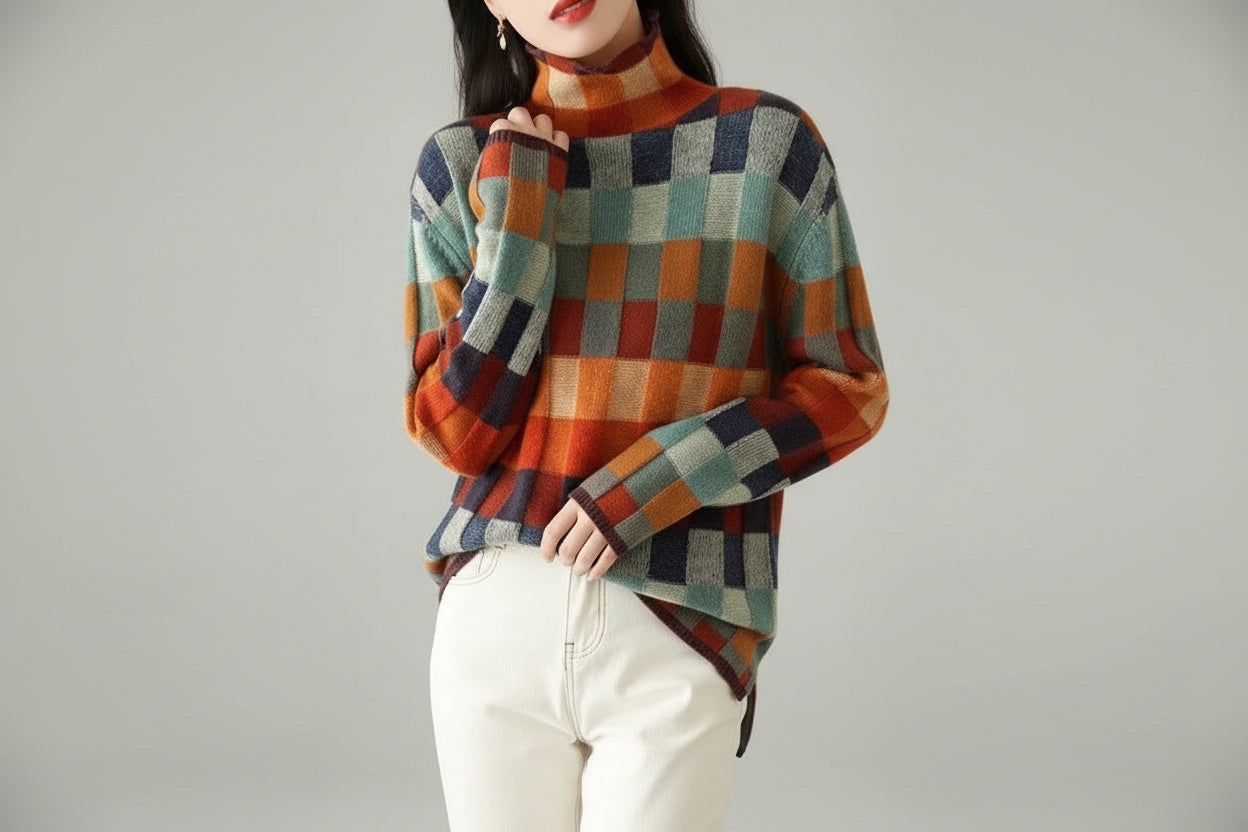 Women’s Colorful Plaid Turtleneck Knit Sweater
