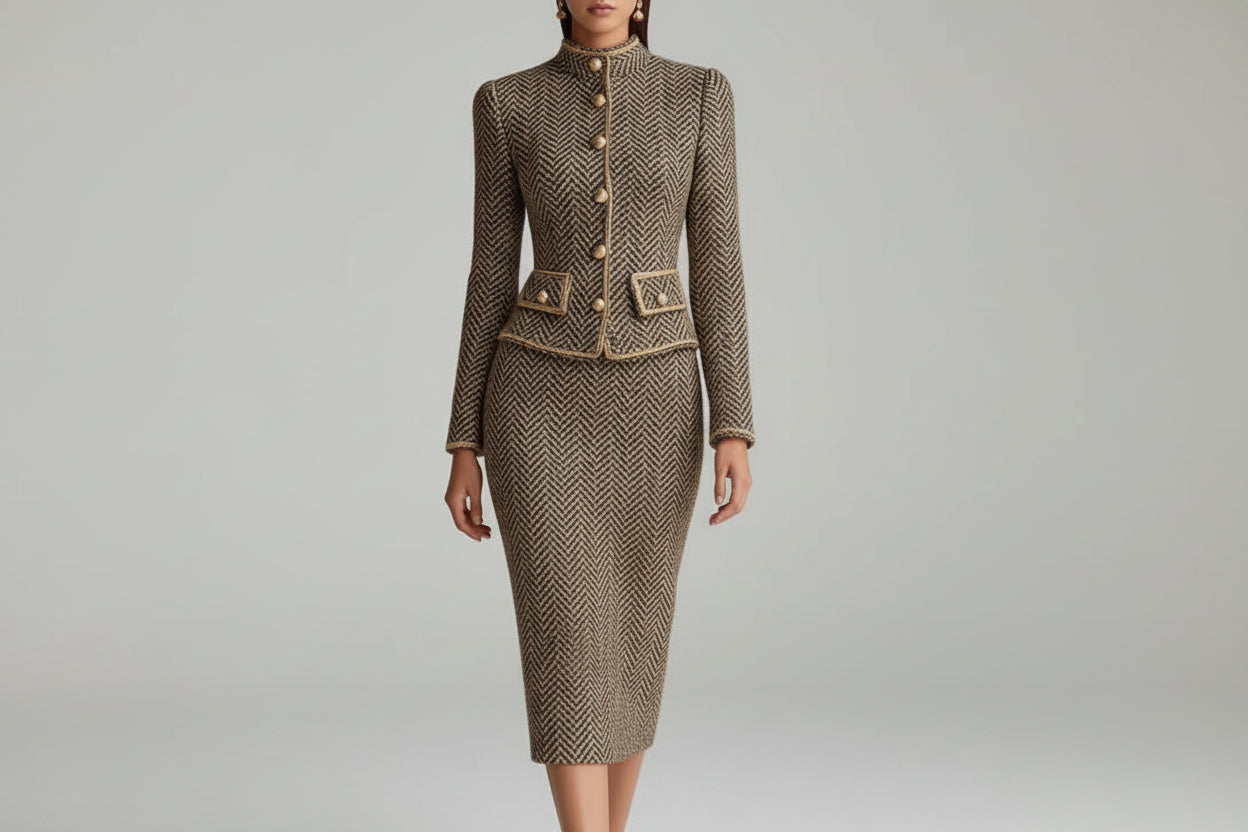 Women’s Elegant Herringbone Tweed Trim Skirt Suit Mid-Length Commuter Set