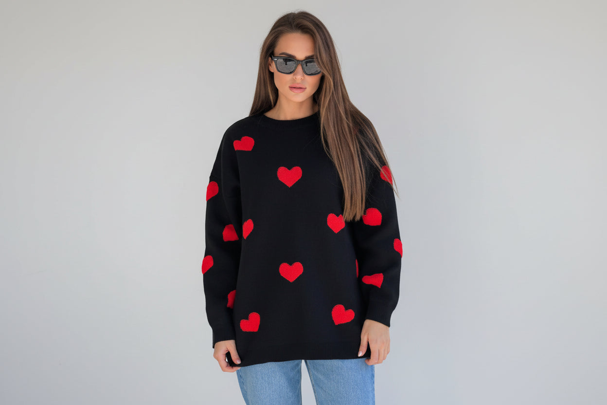 Women’s Embroidered Heart Knit Sweater Loose Fit