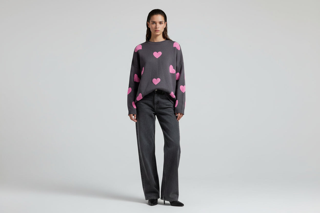 Women’s Embroidered Heart Knit Sweater Loose Fit