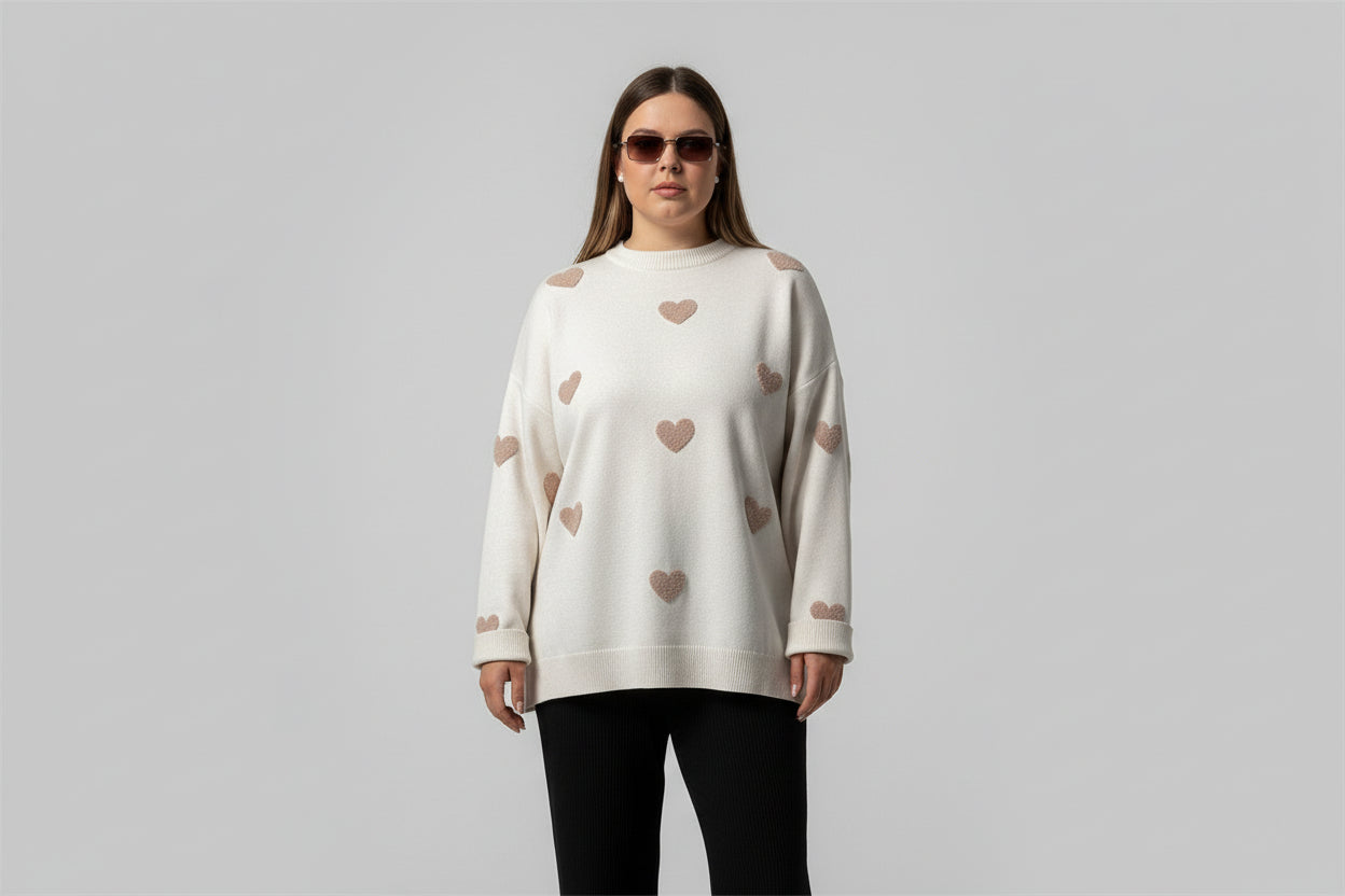 Women’s Embroidered Heart Knit Sweater Loose Fit