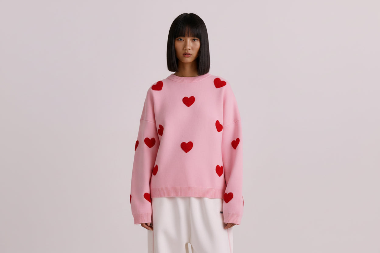 Women’s Embroidered Heart Knit Sweater Loose Fit