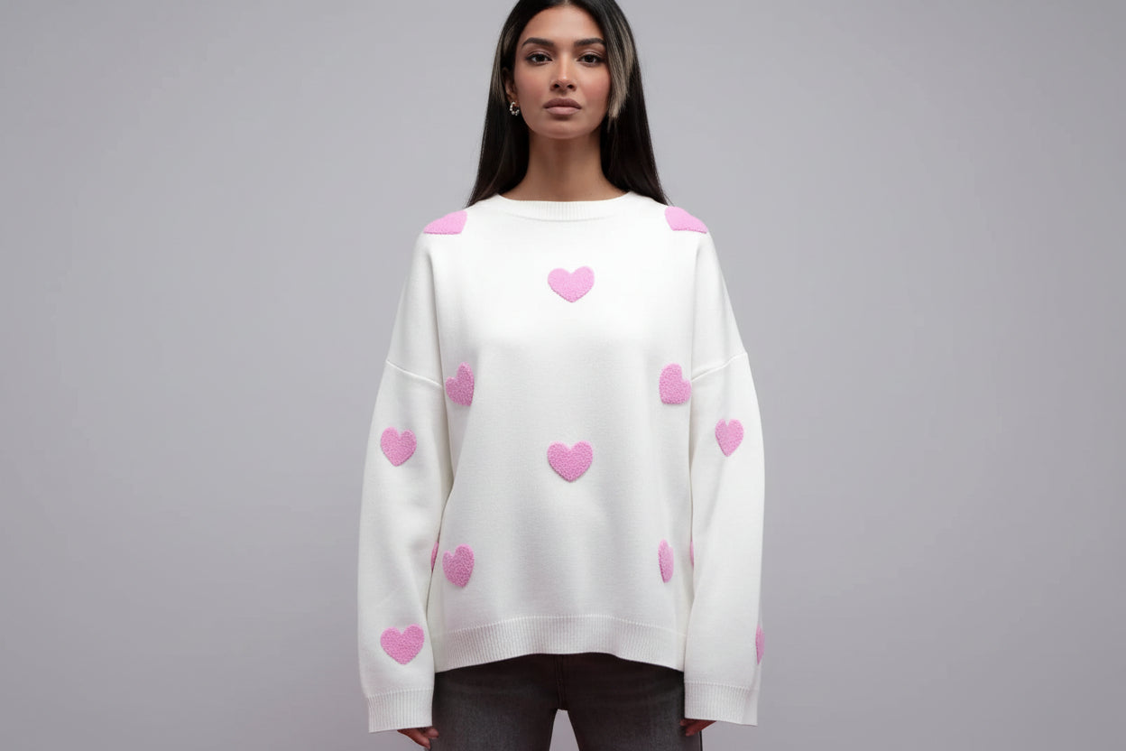 Women’s Embroidered Heart Knit Sweater Loose Fit