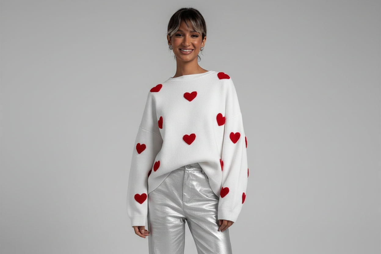 Women’s Embroidered Heart Knit Sweater Loose Fit