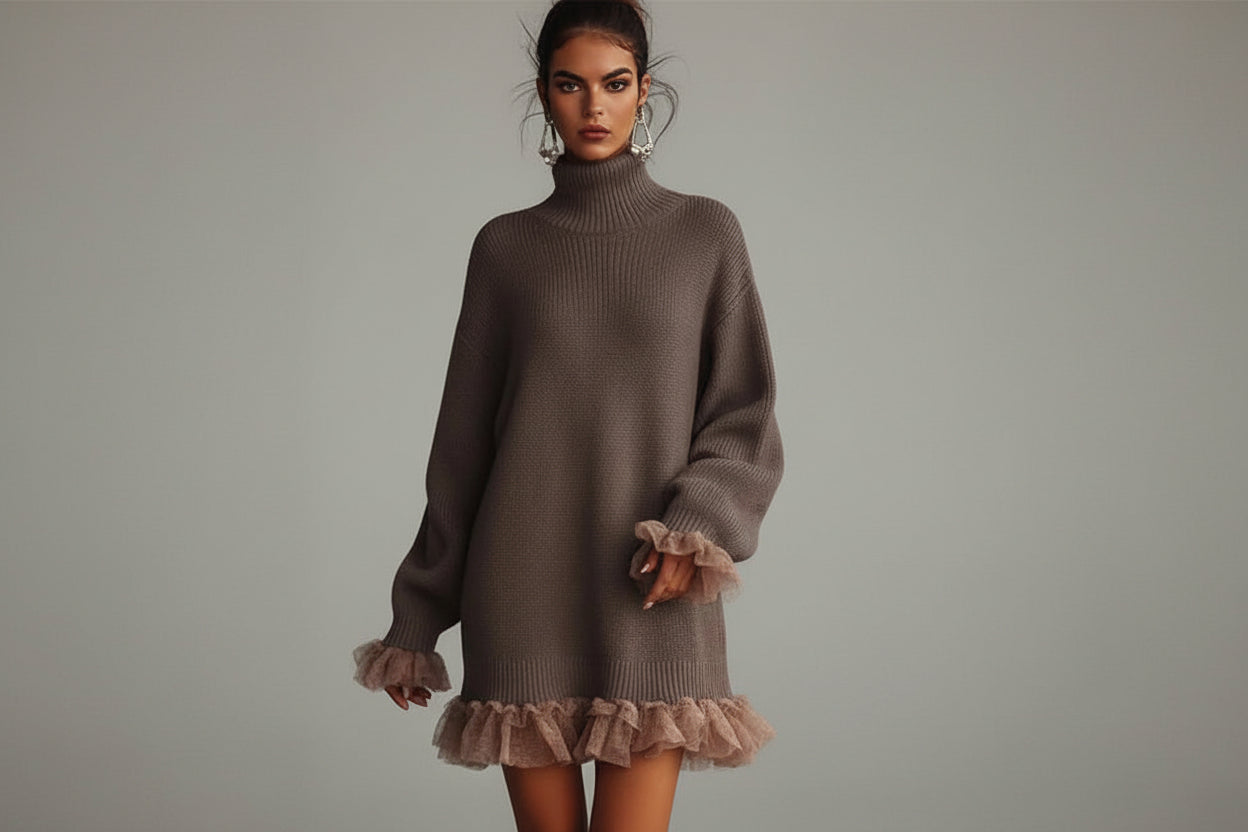 Women’s High-Neck Ruffled Knit Sweater