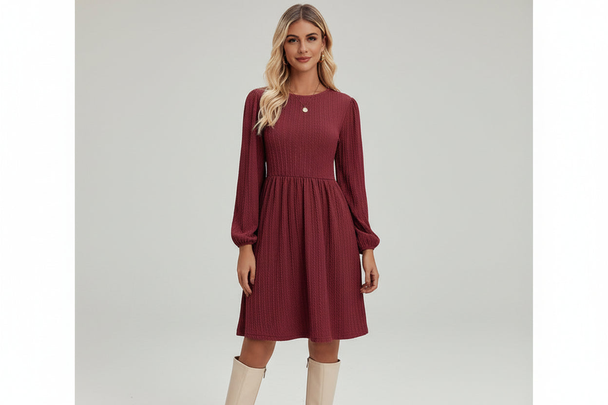 Women’s Jacquard Knitted Puff Sleeve Midi Dress
