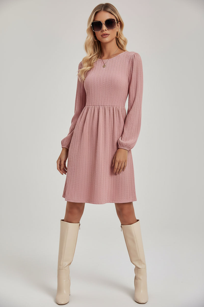 Women’s Jacquard Knitted Puff Sleeve Midi Dress