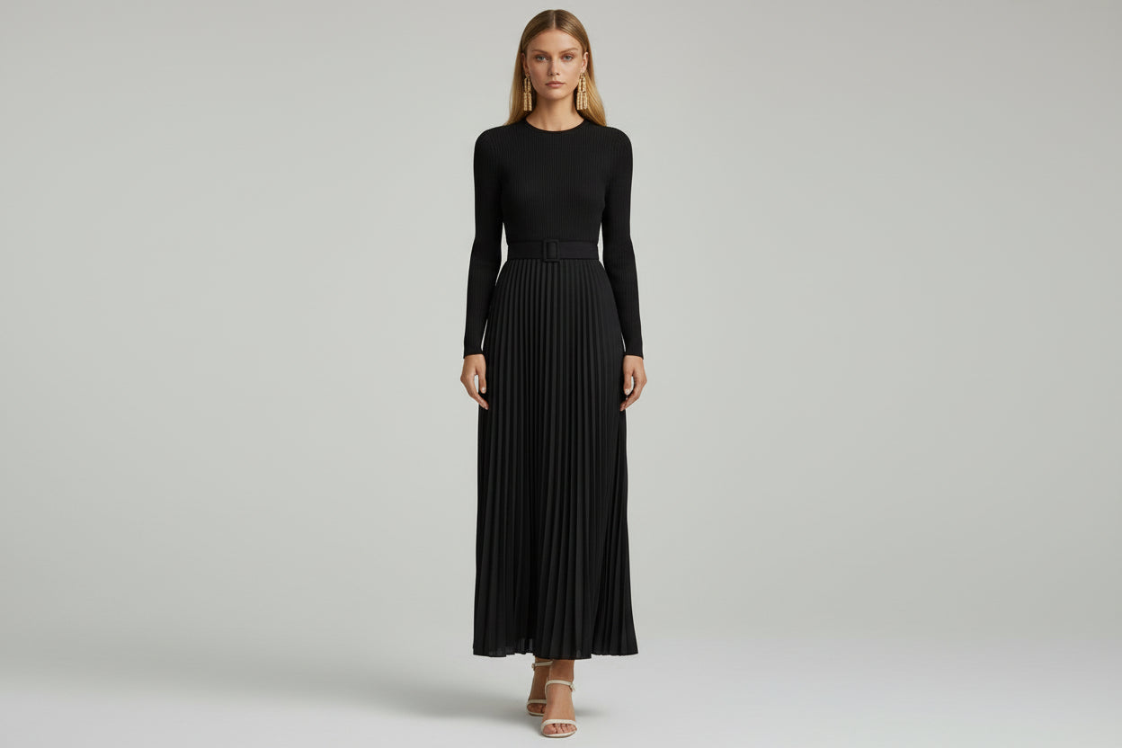 Women’s Long Sleeve Satin Knit Pleated Maxi Dress