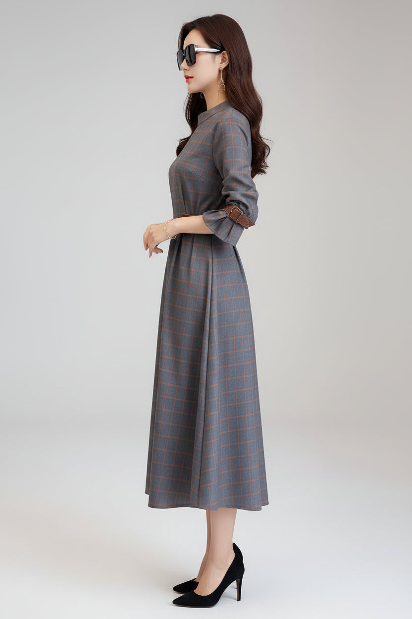 Women’s Korean Style Plaid Long Sleeve Maxi Dress