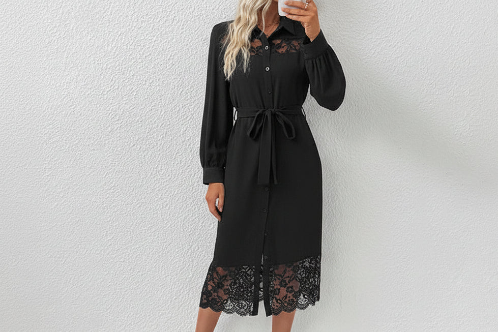 Women’s Lace Stitching Long Sleeve Midi Shirt Dress