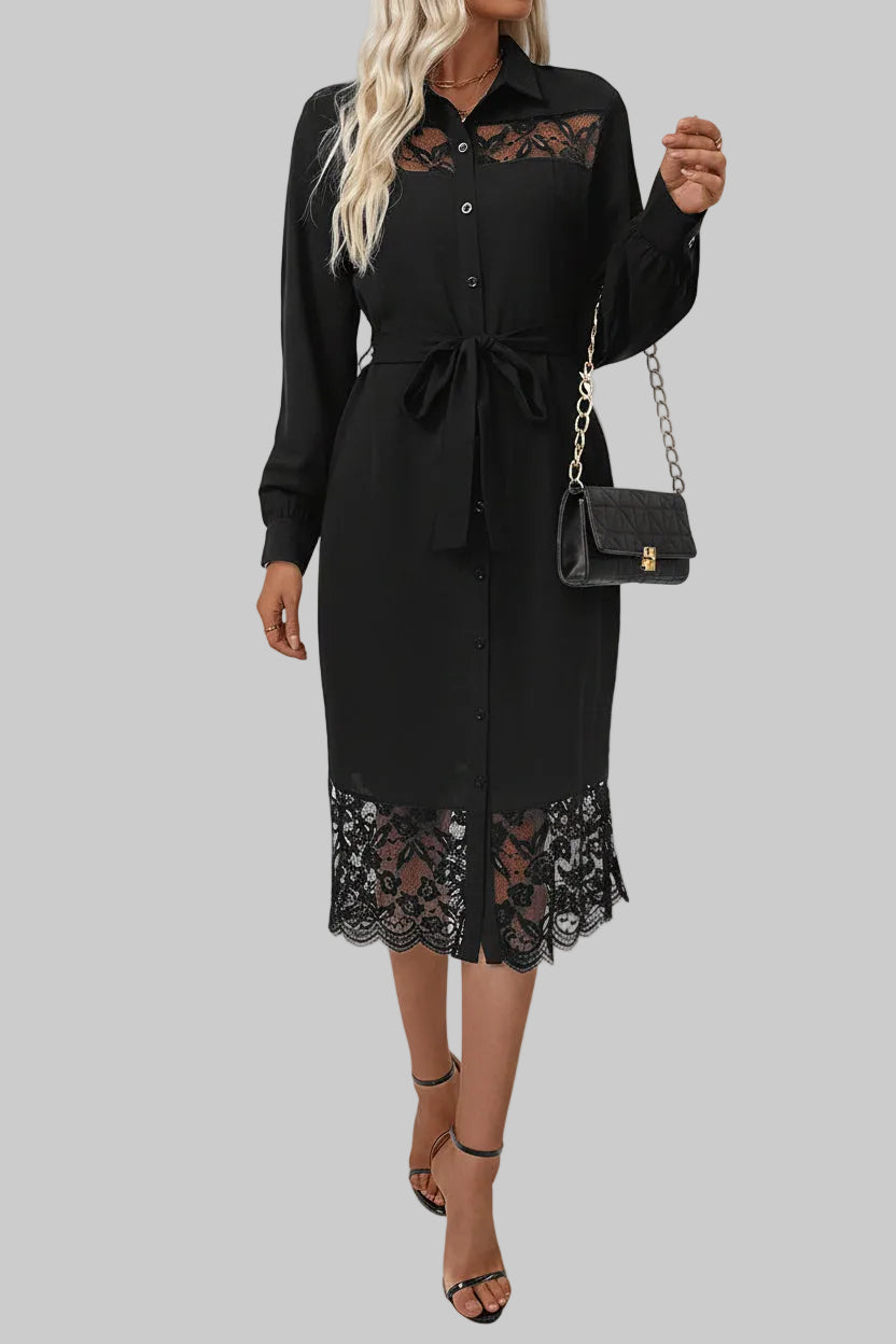 Women’s Lace Stitching Long Sleeve Midi Shirt Dress