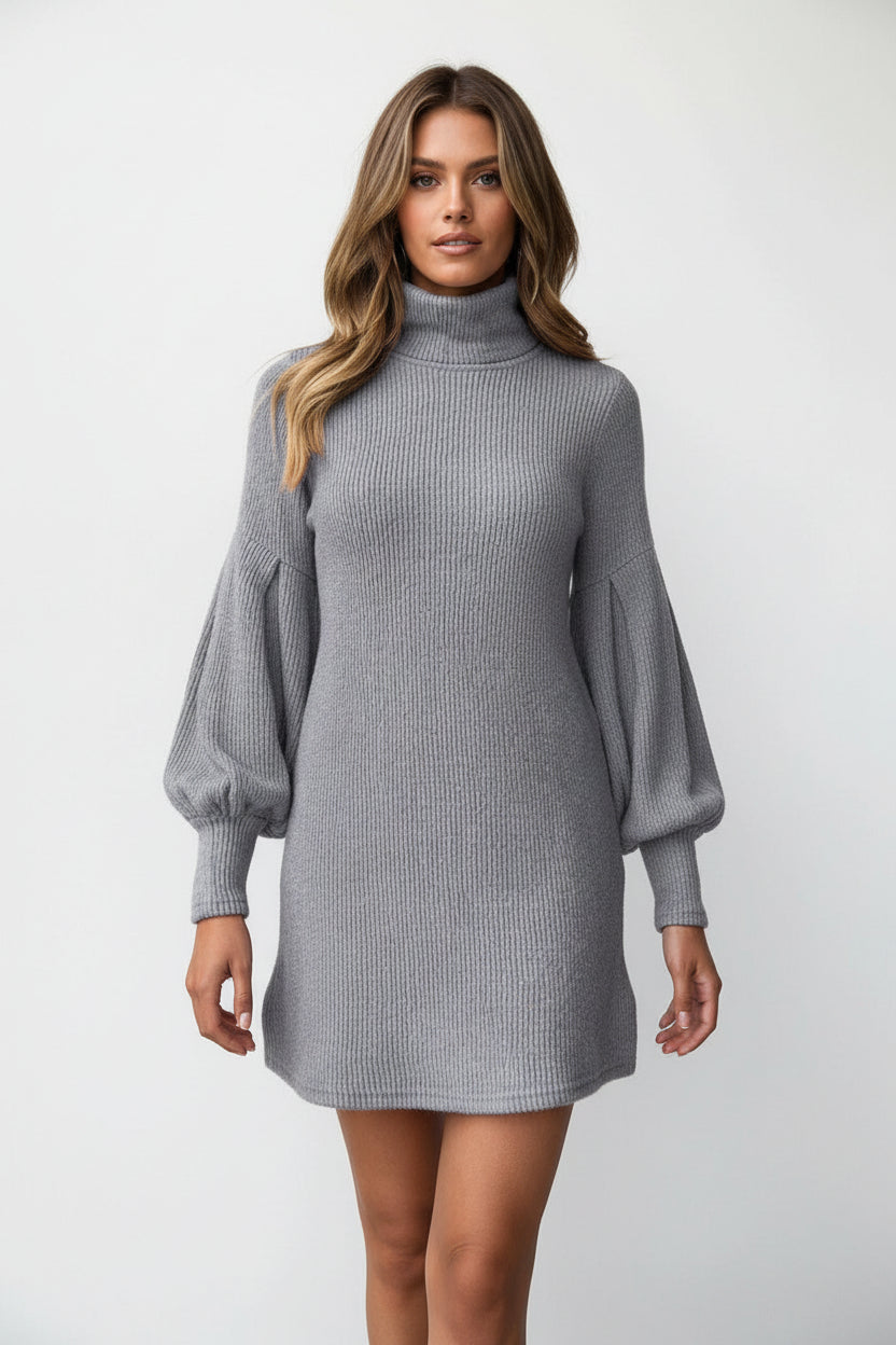 Women’s Lantern Sleeve High Collar Knitted Dress