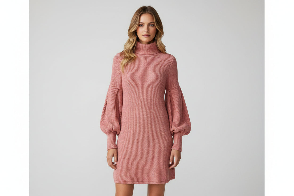 Women’s Lantern Sleeve High Collar Knitted Dress
